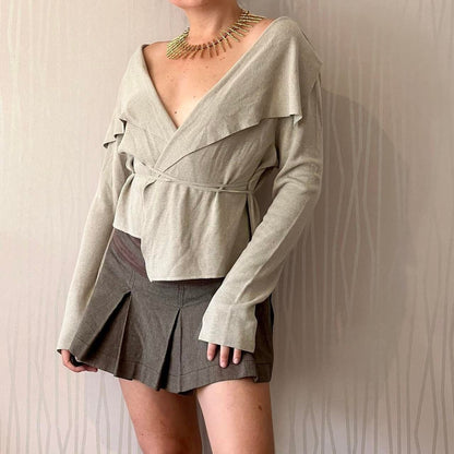 Y2K Sarah Pacini Tie-Front Knit Cardigan – Asymmetrical Fold Collar