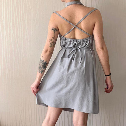 Y2K Sarah Pacini Draped Halter Mini Dress – Tie-Up Back