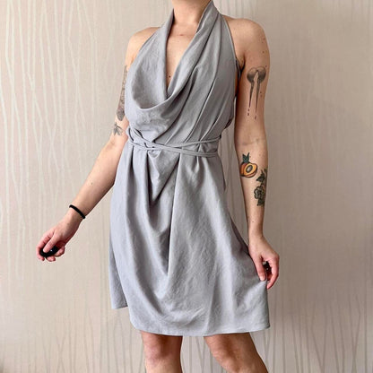 Y2K Sarah Pacini Draped Halter Mini Dress – Tie-Up Back