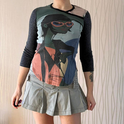 Y2K Custo Barcelona Graphic Top – Bi-Material Asymmetrical Neckline