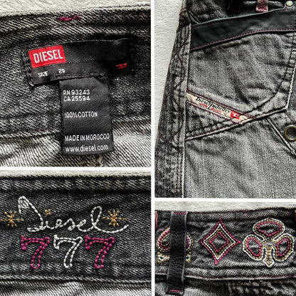 Late 90s / Early Y2K Diesel Denim Mini Skirt – Leather Detail & Embroidery