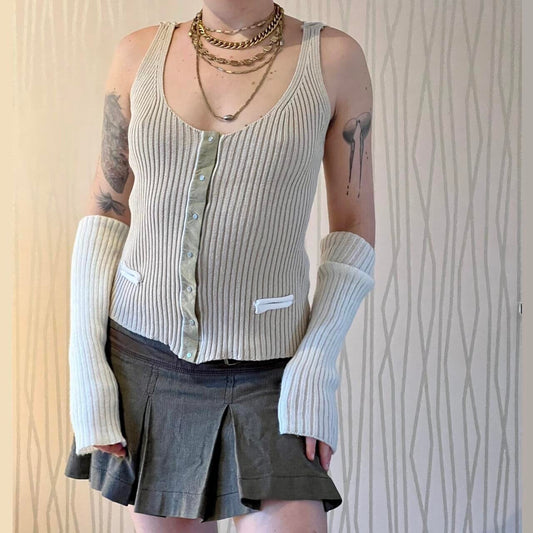 Cop Copine Knit Vest Top Y2K Coquette Layered Knit Snap Up Vest Top