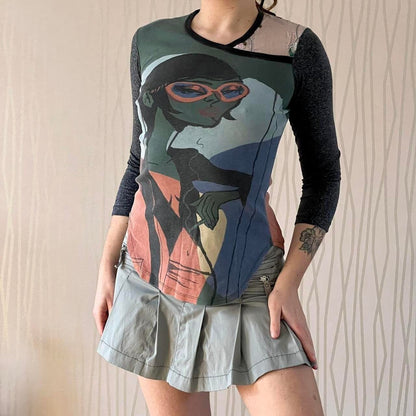 Y2K Custo Barcelona Graphic Top – Bi-Material Asymmetrical Neckline