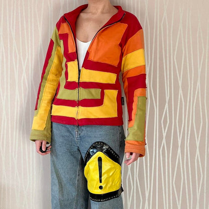 Y2K Pygmees Geometric Patchwork Zip-Up Jacket – Fleece Lined