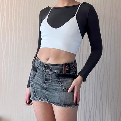 Late 90s / Early Y2K Diesel Denim Mini Skirt – Leather Detail & Embroidery