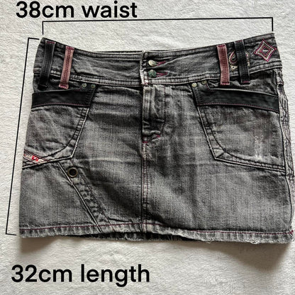 Late 90s / Early Y2K Diesel Denim Mini Skirt – Leather Detail & Embroidery