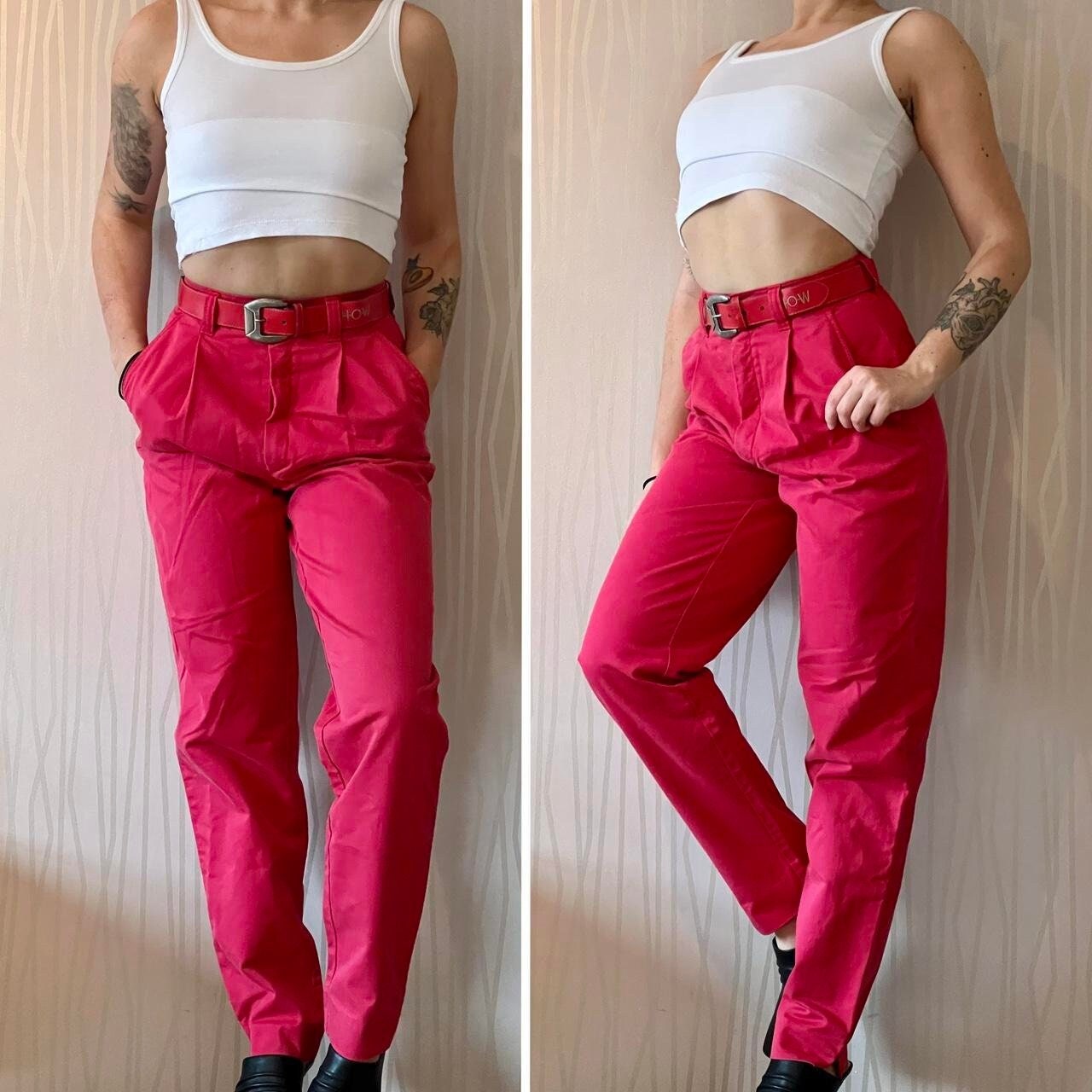 Vintage 80's/90’s Cigarette Pants Retro High Waisted Neon Tailored Pants and Belt Set