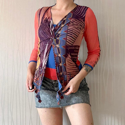 Y2K Save the Queen Faux-Layered Top – Abstract Print & Leather Tassel Detail