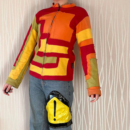 Y2K Pygmees Geometric Patchwork Zip-Up Jacket – Fleece Lined