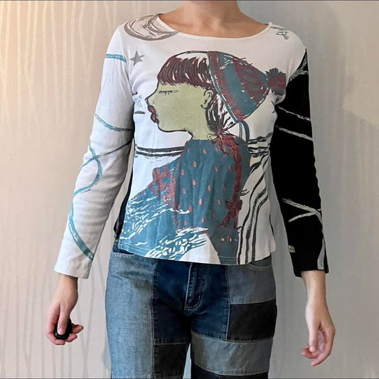 Custo Barcelona Top Y2K Winter Graphic Longsleeve Maximalist Coquette Abstract art Top