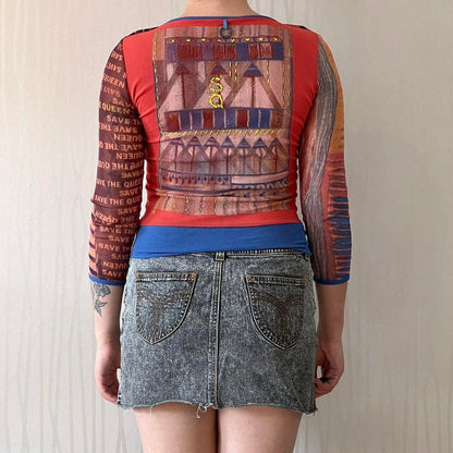 Y2K Save the Queen Faux-Layered Top – Abstract Print & Leather Tassel Detail