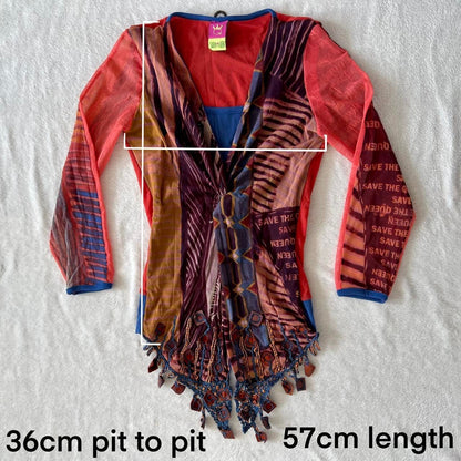 Y2K Save the Queen Faux-Layered Top – Abstract Print & Leather Tassel Detail
