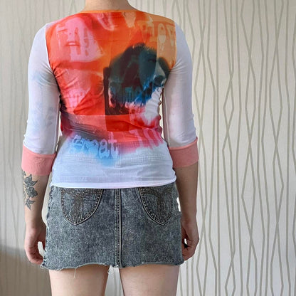 Late 90s Cop Copine Graphic Mesh Top – Abstract Print