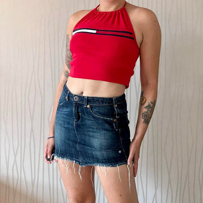Y2K Guess Dark Wash Denim Mini Skirt – Raw Hem