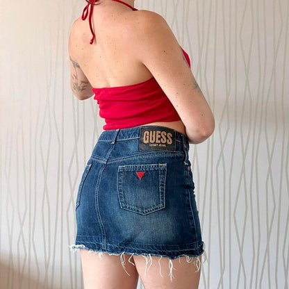 Y2K Guess Dark Wash Denim Mini Skirt – Raw Hem