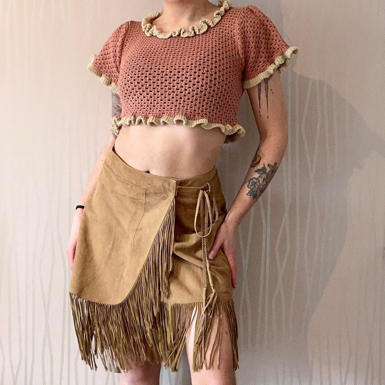 Vintage Leather Wrap Skirt 70's Jose Louis Western Suede Fringe Wrap Skirt Made in USA