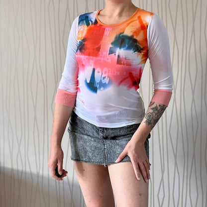 Late 90s Cop Copine Graphic Mesh Top – Abstract Print