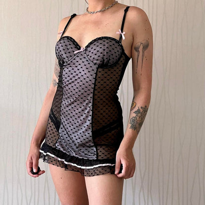 Y2K Mesh Bustier Slip Dress – Heart Mesh Cut-Out Detail