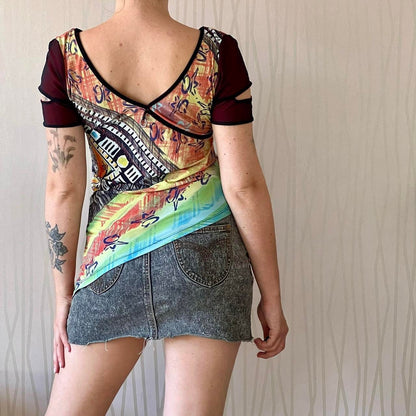 Y2K Save the Queen Asymmetrical Mesh Top – Abstract Print Cut-Out