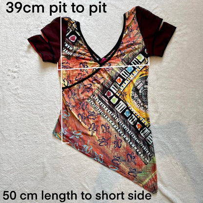Y2K Save the Queen Asymmetrical Mesh Top – Abstract Print Cut-Out