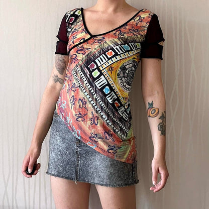 Y2K Save the Queen Asymmetrical Mesh Top – Abstract Print Cut-Out