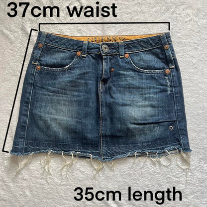 Y2K Guess Dark Wash Denim Mini Skirt – Raw Hem