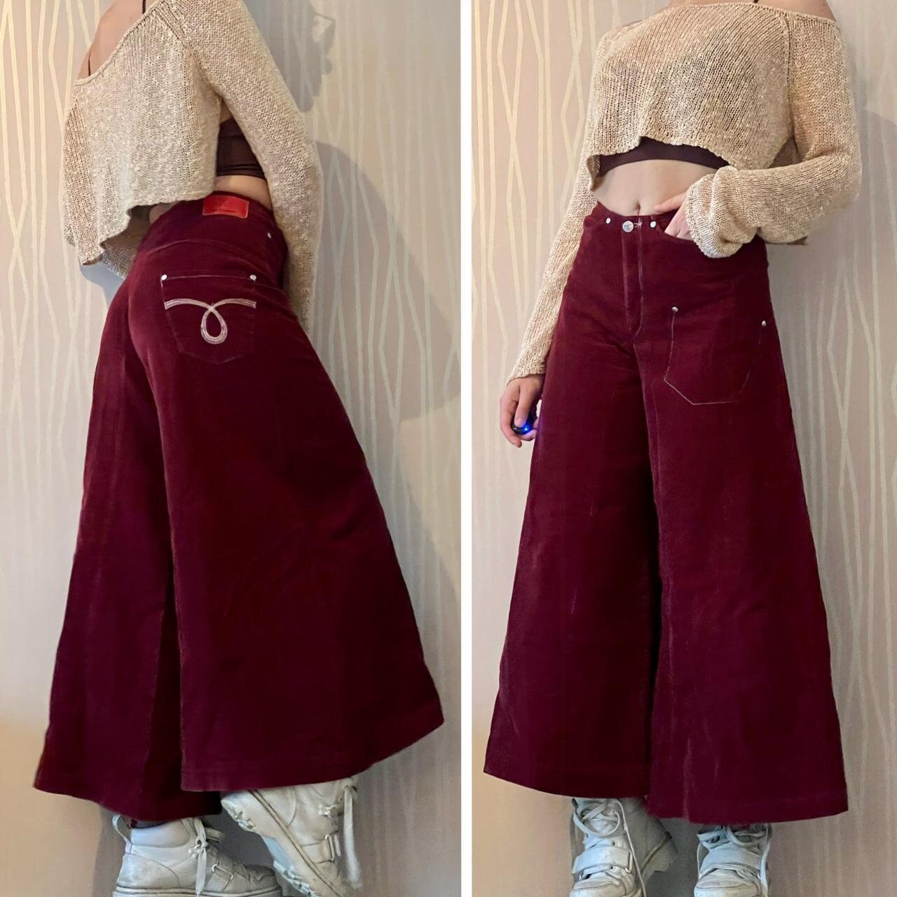 Wide Leg Corduroy Pants Y2K Les Petites Bombes Contrast Stitch Retro Flare Pants