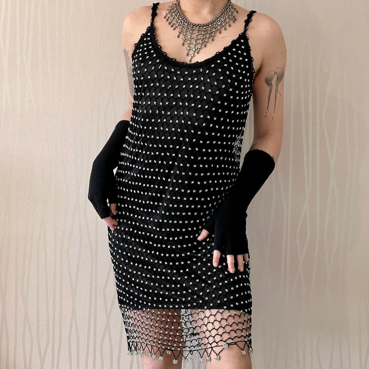 Y2K Whimsigoth Dress Crochet Beaded Macrame Retro Flapper Dress