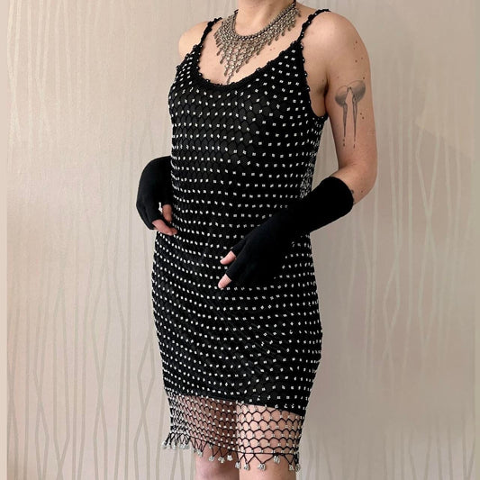 Y2K Whimsigoth Dress Crochet Beaded Macrame Retro Flapper Dress