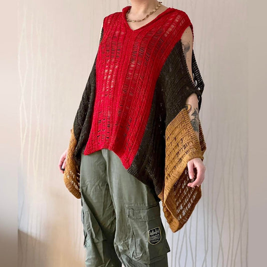 Deconstructed Knit Wear Sweater Poncho Y2K Open Knit Earthtone Layering Piece